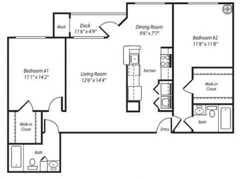Floor plan for 2 beds, 2 baths, 1171 sqft
